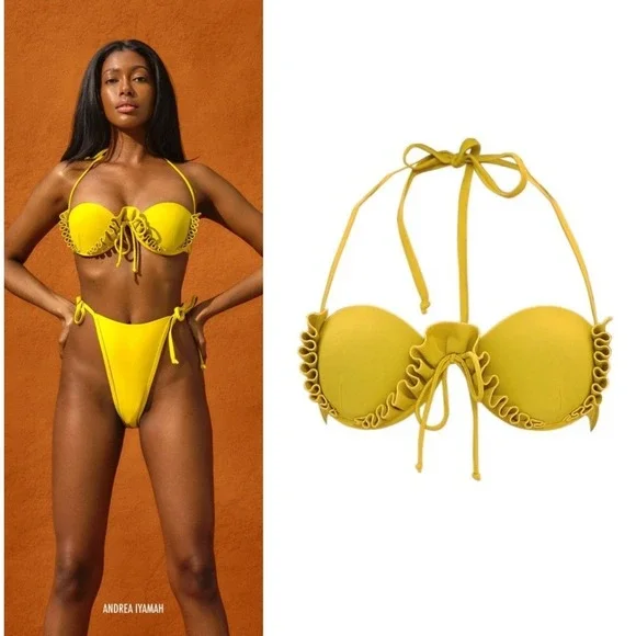 $198 NWT Andrea Iyamah Fula Bikini Top Womens Small Lemon Yellow Ruffle Halter